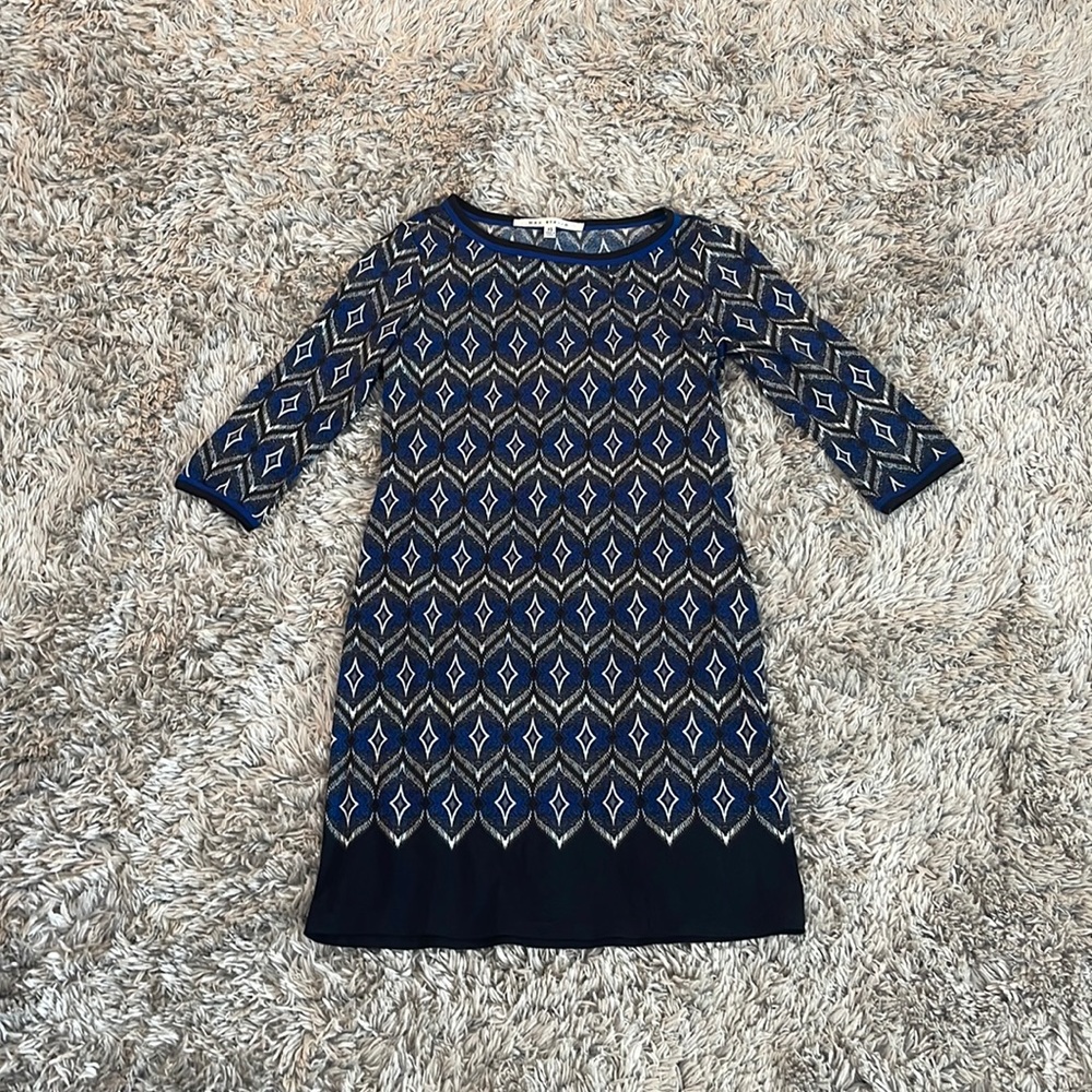 Max Studio Blue Geometric Pattern Crop Sleeve Shi… - image 1